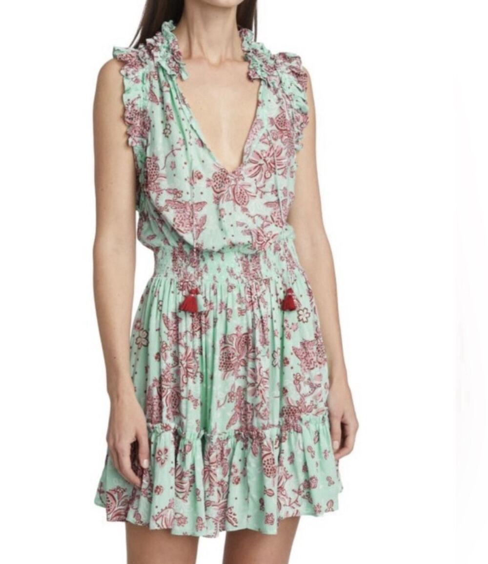 Poupette St Barth Triny V Blue Aqua Floral Mini Dress Sleeveless Size Medium